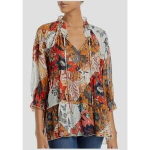 Johnny Was Claire Floral-print Tiered Chiffon Top In Red Brown Multi Sz Small S